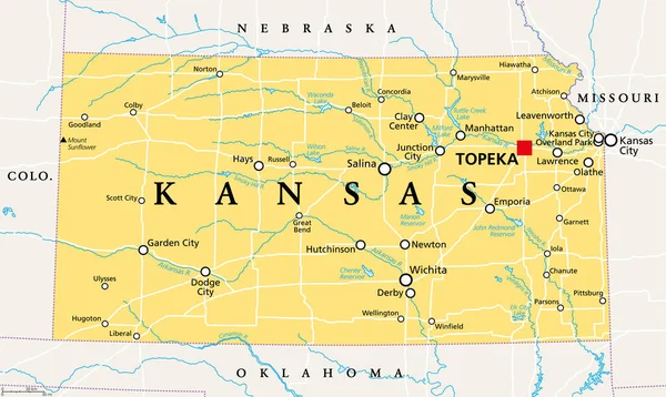 Kansas Mappa Politica Con Capitale Topeka Fiumi Laghi Importanti Stato — Vettoriale Stock