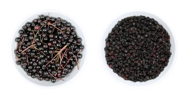 stock image Fresh and dried elderberries in white bowls. Ripe fruit clusters and dried berries of Sambucus nigra. Raw not edible, cooked for wine or jam, dried for steeping in hot tea to provide relief from colds