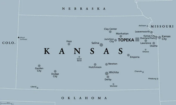 Kansas Šedá Politická Mapa Hlavním Městem Topekou Největšími Městy Stát — Stockový vektor