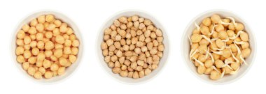 Kaynatılmış, kurutulmuş ve bezelye filizlendirilmiş, beyaz kaselerde. Pişmiş, çiğ ve filizlenmiş civciv bezelyeleri, yüksek protein tohumları olan Cicer arietinum, bir baklagil, ayrıca garbanzo fasulyesi ya da gram olarak da bilinir. Makro yemek fotoğrafı..
