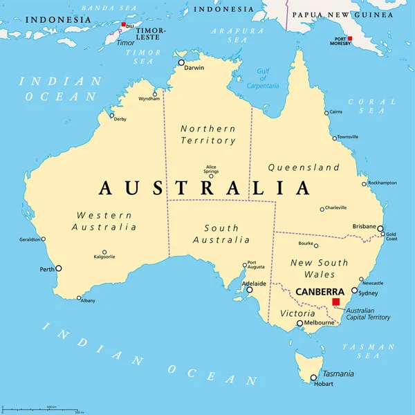 Austrália Mapa Político Com Capital Canberra Fronteiras Administrativas Internas Cidades —  Vetores de Stock