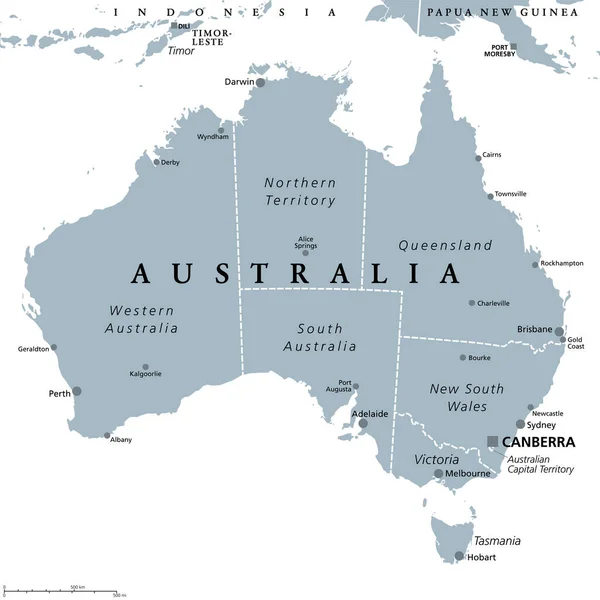 Australia Mapa Político Gris Con Capital Canberra Fronteras Administrativas Internas — Archivo Imágenes Vectoriales