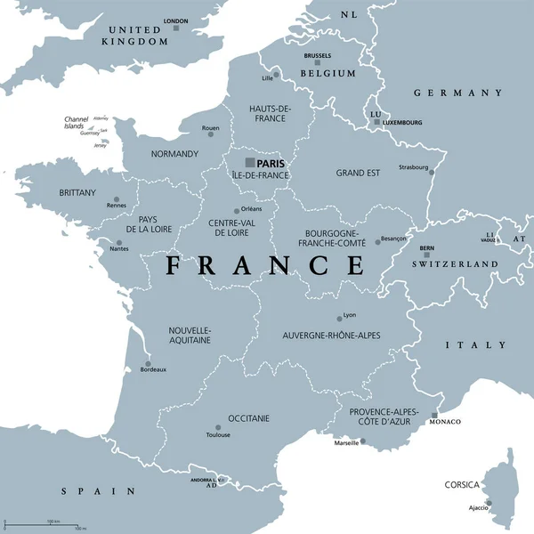 Francia Regiones Metropolitanas Mapa Político Gris República Francesa Con Capital — Vector de stock