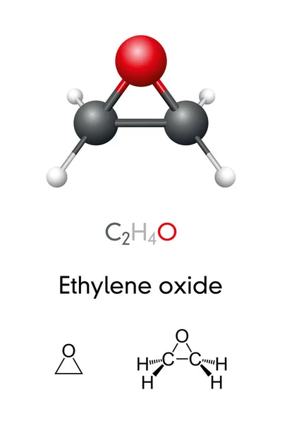 环氧乙烷 C2H4O 分子模型和化学配方 也被称为氧烷 是一种致癌 诱变的有机化合物 医院和医疗设备行业的表面消毒剂 — 图库矢量图片