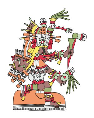 Quetzalcoatl, Kodeks Telleriano-Remensis 'te tasvir edildiği gibi. Aztek tanrısı rüzgar, bilgelik ve Venüs gezegeni ile ilgili. Adı Nahuatl dilinden geliyor ve anlamı Kıymetli ya da Quetzal tüylü Yılan.