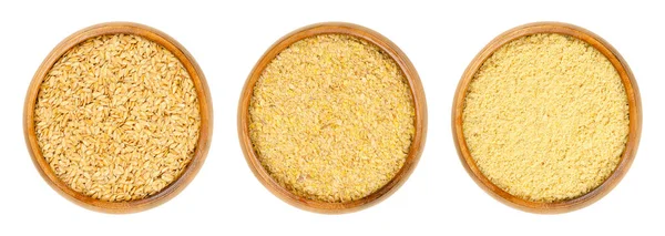Golden Flax Seeds Wooden Bowls Whole Crushed Grounded Linum Usitatissimum — Stock Photo, Image