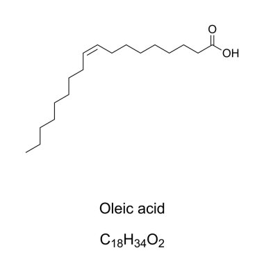 Oleik asit kimyasal formül ve yapısı. Tek doymuş omega-9 yağ asidi, doğadaki en yaygın yağ asidi, hayvan ve bitkisel yağlarda ve yağlarda bulunur. Çoğunlukla nanopartiküllerin sentezinde kullanılır..