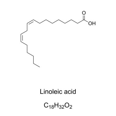 Linoleik asit, kimyasal formül. Polyunurated Omega-6 temel yağ asidi. Safran, ayçiçeği ve mısır yağı açısından boldur. Orta miktarda soya yağı, susam ve badem var..