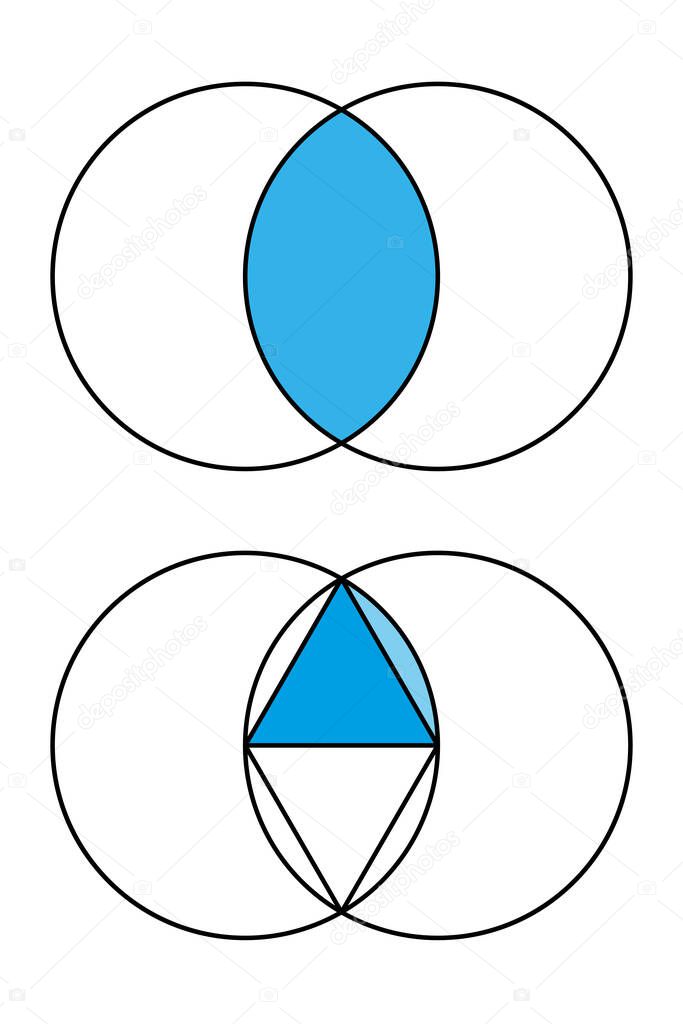 Vesica piscis, geometric figure. Mathematical shape, formed by intersection of 2 disks with same radius. Blue equilateral triangle. Blue segment form a sector of one sixth of the circle of 60 degrees.