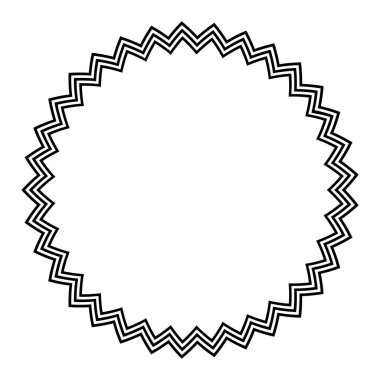Yatay zikzak çizgileri olan dairesel çerçeve. Üç kalın tırtıklı çizgi çok köşeli bir yıldız figürü ve dekoratif bir sınır oluşturuyor. Siyah ve beyaz çizimler, izole edilmiş, beyaz arka planda. Vektör.