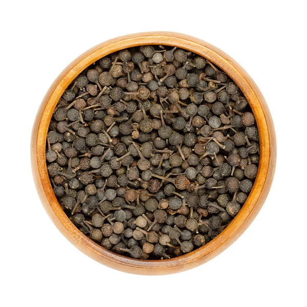 Cubeb Berries Known Tailed Pepper Java Pepper Wooden Bowl Dark — Stockfoto