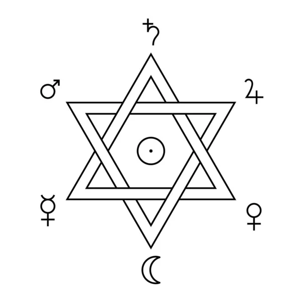 所罗门的封印 上面有占星术符号 六角形符号 归属于所罗门国王 在伊斯兰和犹太神秘主义以及西方神秘主义中发展起来 并带有行星符号 — 图库矢量图片