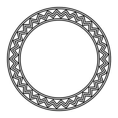 Çember çerçeve, daha kıvrımlı, zikzak çizgisi deseninden yapılmış. Dekoratif, yuvarlak kenarlı, üç kalın tırtıklı çizgiden yapılmış, kalın dairelerle çevrili ve çerçevelenmiş. Siyah beyaz çizim. Vektör.