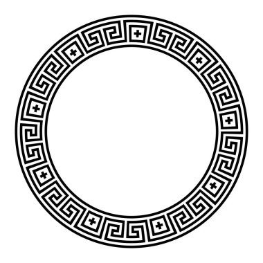 Meander deseni, çapraz sembollerle daire çiz. Dekoratif sınır, tekrarlanan yön değiştirme motifi şeklinde şekillendirilmiş, pürüzsüz çizgilerden yapılmıştır. Yunan anahtarı olarak bilinen klasik Yunanistan ve Roma 'da bulunacak.