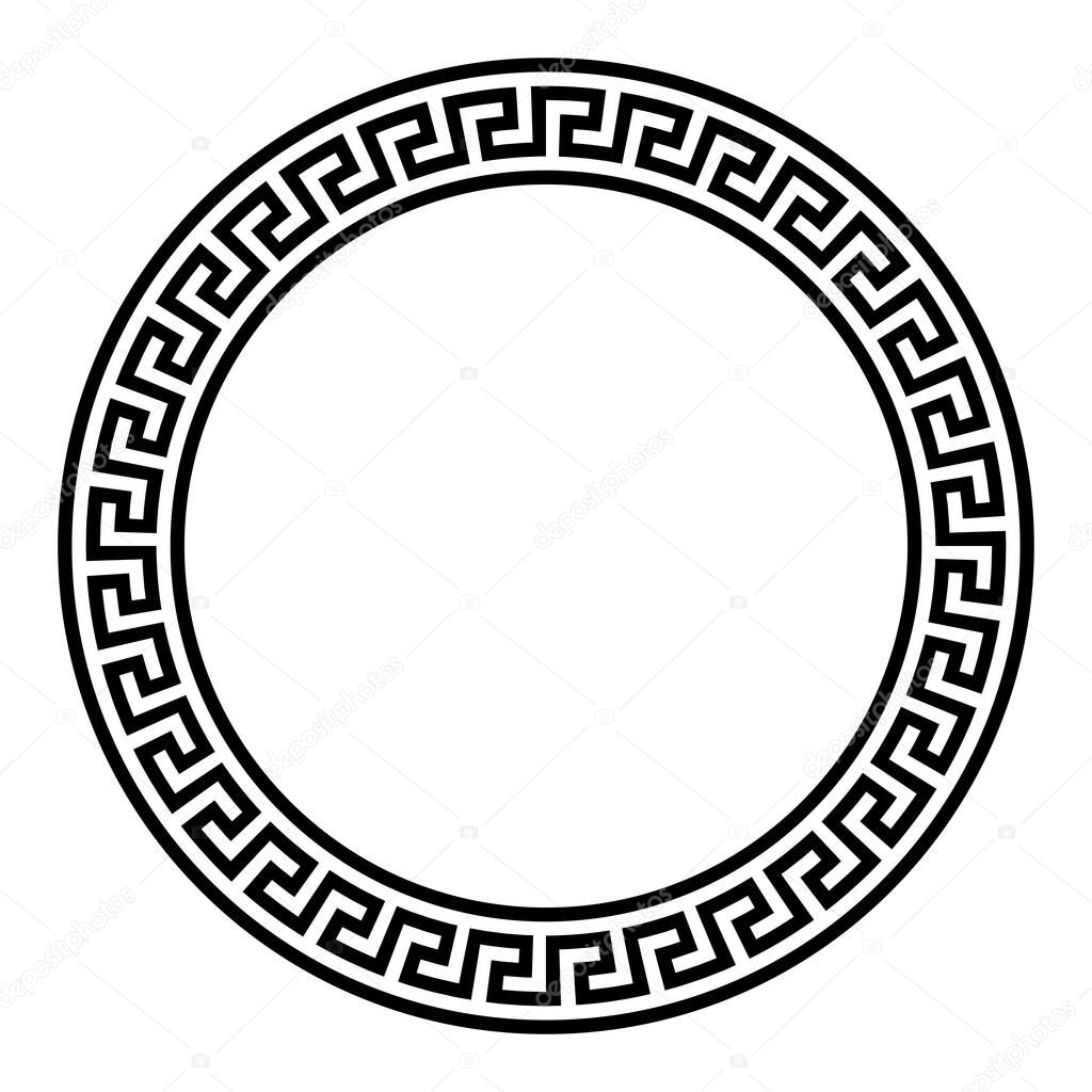 Simple meander pattern, circle frame. Decorative round border, made of lines, shaped into a repeated motif. This style can be found in classical Greece and Rome, also known as Greek key or Greek fret.