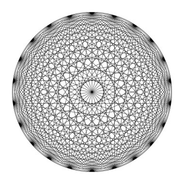 22 noktayla daire çiz, hepsi çizgilerle bağlantılı, simetri gibi bir mandala göster. Guillaume Postel 'in 16. yüzyıldan kalma 231 kapısına göre Kutsal Geometri. İllüzyon. Vektör