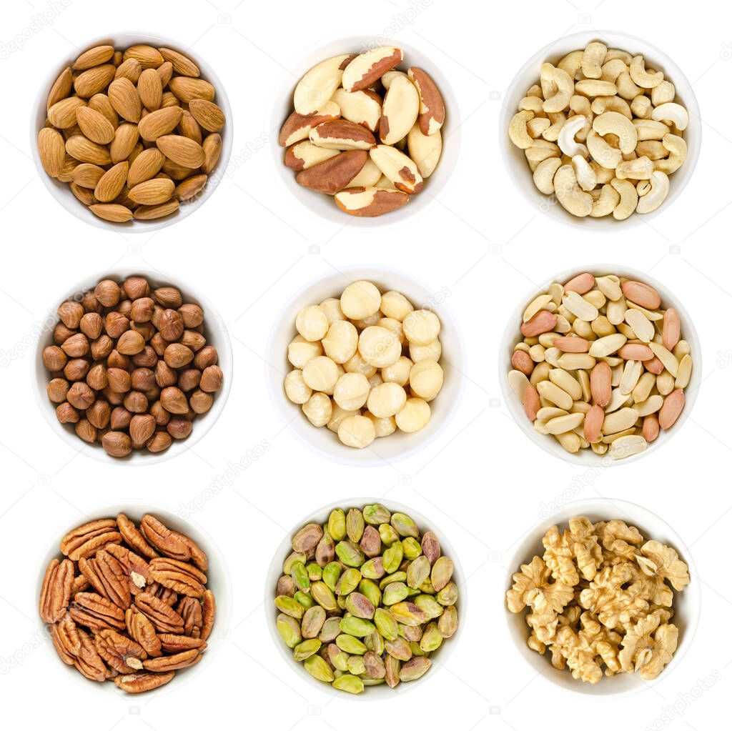 Nine different kinds of nuts in white bowls, isolated on white background. Almond kernels, brazil nuts, cashews, hazelnuts, macadamia nuts, peanuts, pecans, pistachio kernels, and walnut halves. Photo