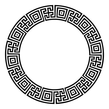Double meander pattern, made of squares and crosses, a circle frame and decorative round border, made with lines, shaped into a repeated motif. Classical style, also known as Greek key or Greek fret. clipart