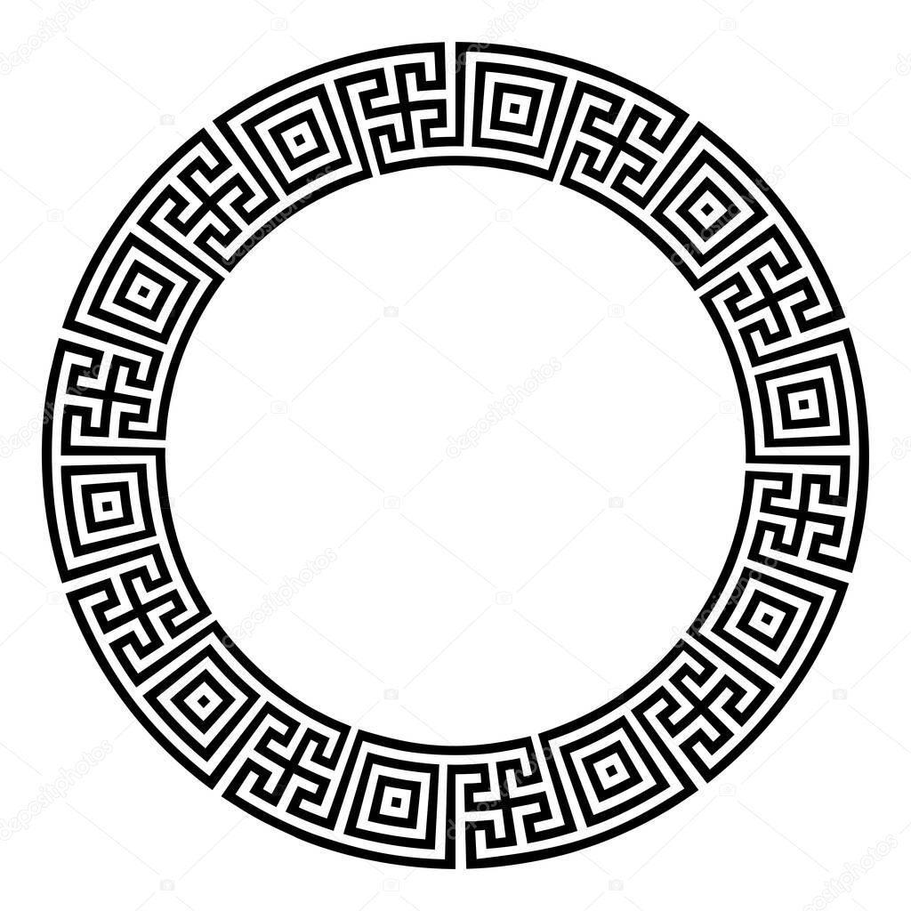 Double meander pattern, made of squares and crosses, a circle frame and decorative round border, made with lines, shaped into a repeated motif. Classical style, also known as Greek key or Greek fret.