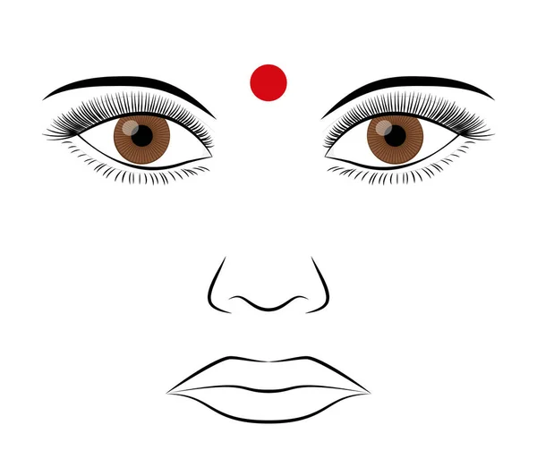 Bindi 彩色红点在额头的中央 传统上由印度教徒 佛教徒和Jains Bindi的意思是点 点或小颗粒 与Bindu Third Eye或Ajna Chakra有关 — 图库矢量图片