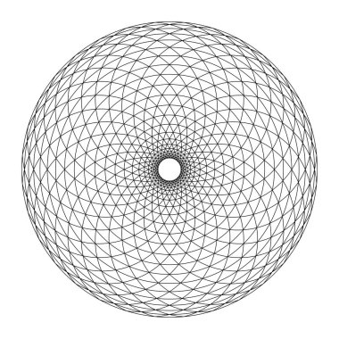 Fibonacci üçgeniyle daire çiz. Dairesel alan, kavisler tarafından oluşturuldu, spiral formda düzenlendi, çemberlerle çaprazlandı, merkezde küçük bir çember şeklinde çam kozalağı şeklinde üçgenler oluşturdu..
