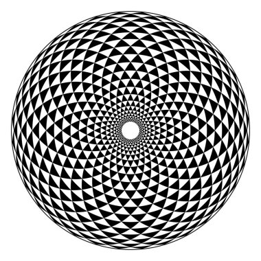 Fibonacci deseni, siyah ve beyaz üçgen kareli daire, kavisler tarafından oluşturulmuş, dairesel olarak düzenlenmiş, dairelerle kesişmiş, ayçiçeği tohumlarının geometrik düzeninde olduğu gibi büküm üçgenleri oluşturmuş..