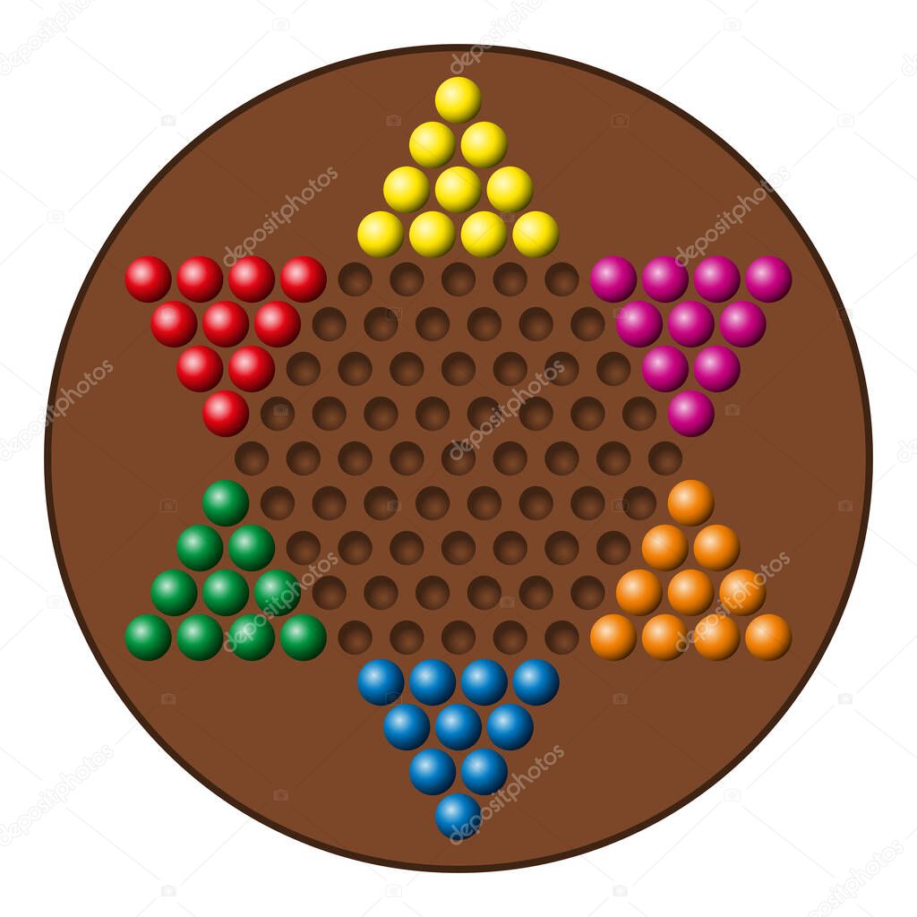 Chinese checkers game board, with rainbow colored marbles. Also known as sternhalma, or Chinese chequers. A strategy board game of German origin, a modern and simplified variation of the game Halma.