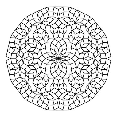 Penrose desenli daire çiz. Eşkenar dörtgenli penrose döşemesi. Bir dizi aperiyodik prototip tarafından oluşturulan periyodik olmayan eğilim. Siyah ve beyaz çizimler, beyaz arka planda izole. Vektör.