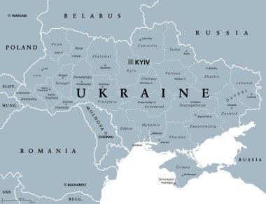 Ukrayna, idari bölümler, gri politik harita. Doğu Avrupa 'da ülke ve üniter devlet, başkenti Kyiv (Kiev) ile birlikte. İdari merkezleri olan bir taşra dairesi. Resim beyazdan üstündür..
