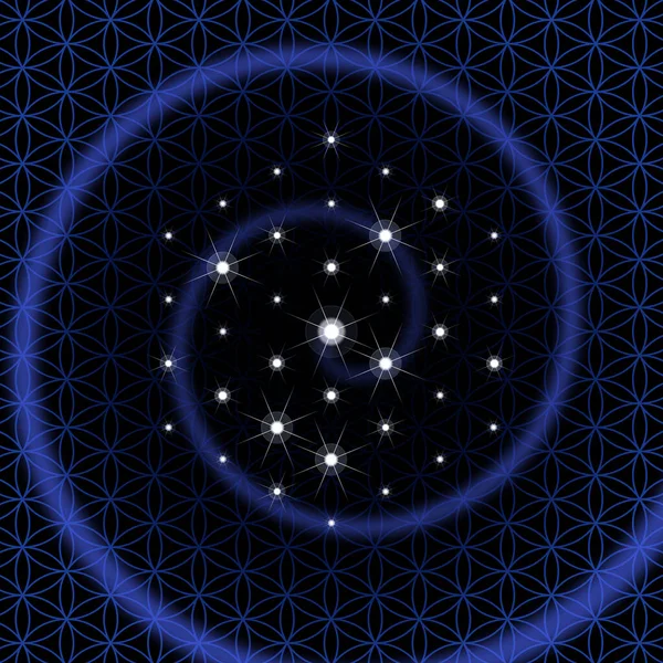 Buco Nero Con Stelle Disposte Esagonalmente Spirale Aritmetica Blu Mandala — Foto Stock