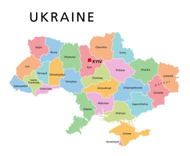 Ukrayna, renkli ülke bölünmesi, politik harita. Ukrayna 'nın idari bölümleri ve idari merkezleri, Doğu Avrupa' da başkenti Kyiv (Kiev) olan üniter bir devlet. İllüzyon. Vektör.