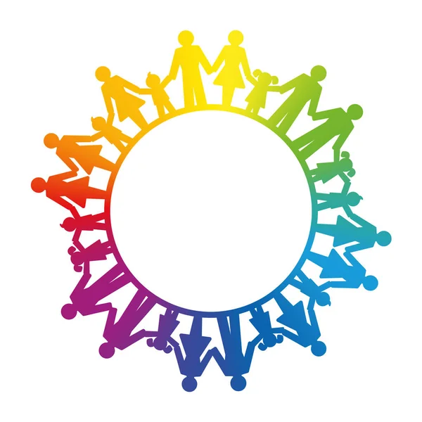 Gruppo Persone Collegati Tenersi Mano Formando Cerchio Colore Arcobaleno Simbolo — Vettoriale Stock