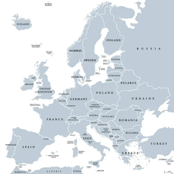 Europa Mapa Político Cinzento Continente Parte Eurásia Localizada Hemisfério Norte —  Vetores de Stock