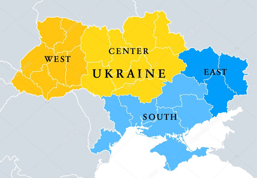 Ukraine geographic divisions, political map. Eastern European country, split into four areas, used in polls, or for reference or statistical purposes. Western, Eastern, Southern and Central Ukraine.