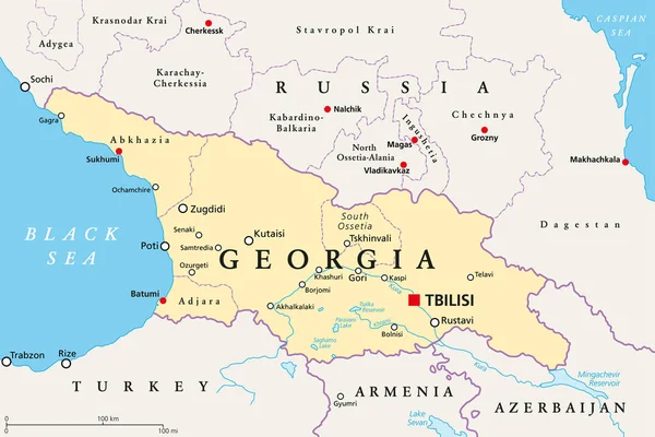 Georgia Mapa Político Con Tiflis Capital Fronteras Internacionales República País — Vector de stock