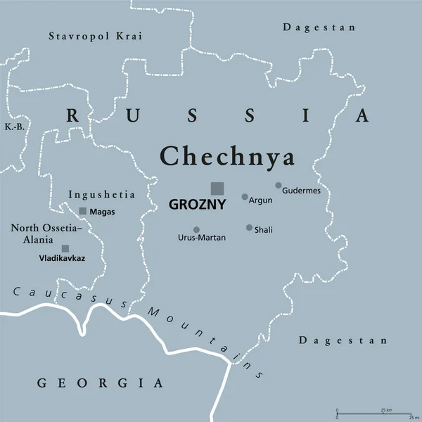 Čečensko Šedá Politická Mapa Hlavním Městem Grozným Hranicemi Čečenská Republika — Stockový vektor