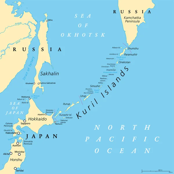 クリル諸島の政治地図 ロシア極東のサハリン州の火山列島の一部 北海道からロシアのカムチャツカ半島まで広がっています ロシア政権下で — ストックベクタ