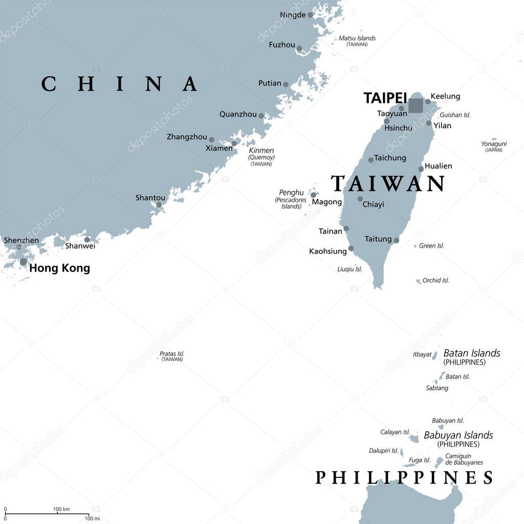 Taiwan Area, gray political map, with capital Taipei. Free Area of the Republic of China, ROC. Main Island and island groups of Taiwan, located between the East and the South China Sea. Illustration.