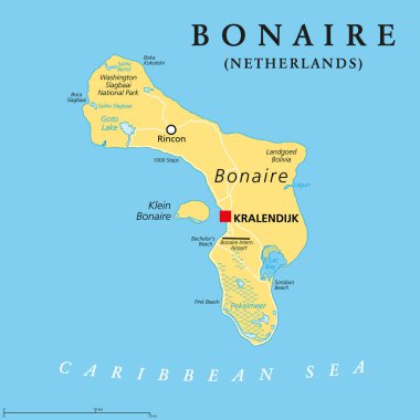 Bonaire, Hollanda, politik harita. Karayipler Denizi 'ndeki Leeward Antilleri' nde, başkenti Kralendijk olan bir ada. ABC Adaları 'nın bir kısmı, Venezuela kıyısı açıklarında, Kasırga Sokağı' nın dışında. Vektör