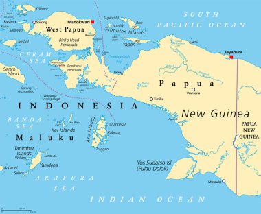 Batı Yeni Gine, politik harita. Papua olarak da bilinir. Endonezya tarafından yönetilen Melanezya 'nın Yeni Gine adasının batı kesiminde Papua ve Batı Papua eyaletleri bulunur. İngilizce etiketleme.