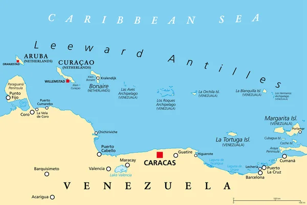 Leeward Antilles Political Map Cadena Islas Caribe Desde Aruba Curazao — Vector de stock