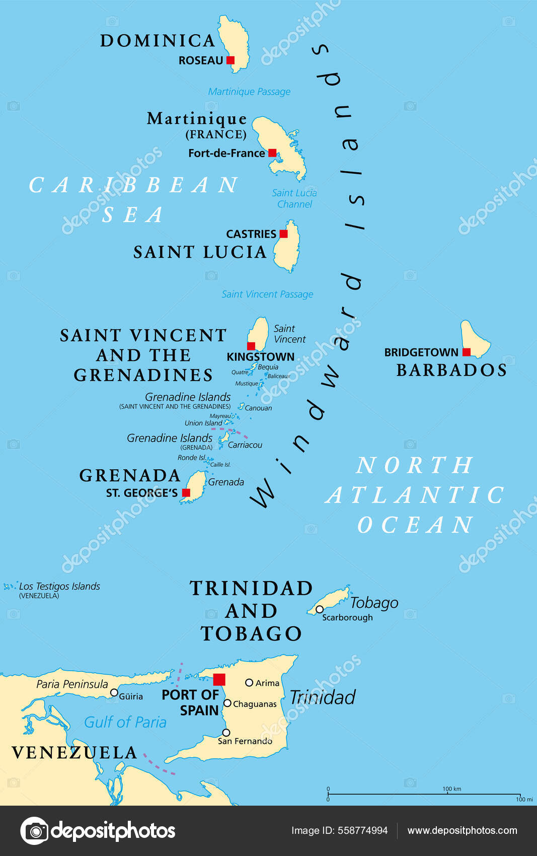 ウィンワード諸島の政治地図 カリブ海のリーワード諸島の南 小アンティル諸島の島々 ドミニカ マルティニーク セントルシア セントビンセント