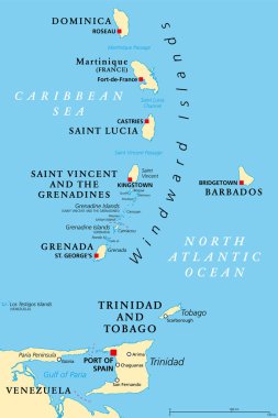 Windward Adaları siyasi haritası. Küçük Antiller Adaları, Karayip Denizi 'ndeki Leeward Adaları' nın güneyi. Dominica, Martinique, Saint Lucia, Saint Vincent ve Grenadine 'den Grenada' ya.