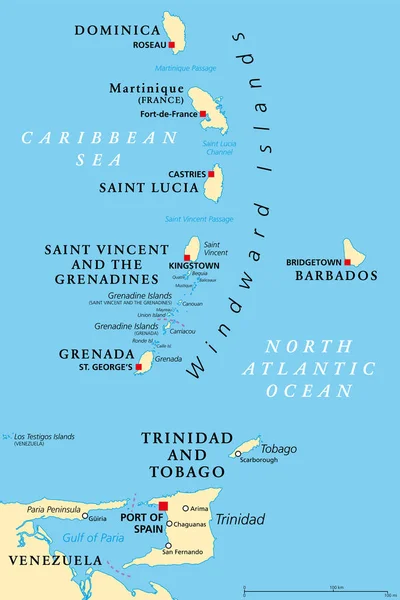 Windward Islands Politieke Kaart Eilanden Van Kleine Antillen Ten Zuiden — Stockvector