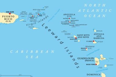Leeward Adaları, politik harita. Küçük Antiller 'in bir parçası, Karayipler' deki Windward Adaları 'nın kuzeyi. Virgin Adaları, Anguilla, St Kitts ve Nevis, Antigua ve Barbuda, Montserrat ve Guadeloupe.