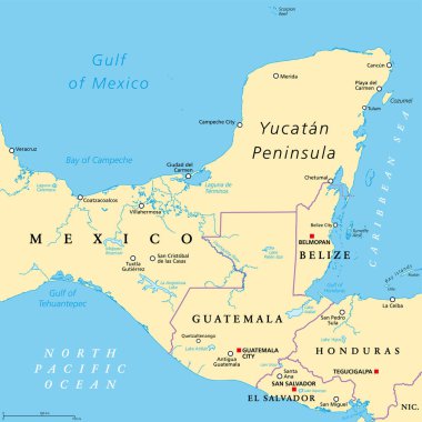 Yucatan Yarımadası siyasi haritası. Meksika 'nın güneydoğusunda büyük bir yarımada ve Belize ve Guatemala' nın sıfatları Meksika Körfezi ile Karayip Denizi 'ni ayırıyor. El Salvador ve Honduras ile.