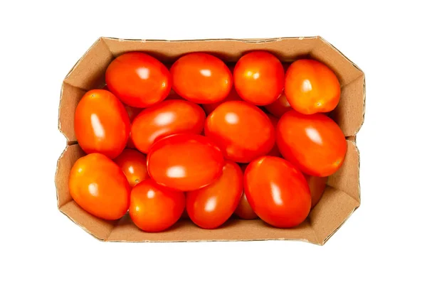 Grape Tomatoes Cardboard Tray Ripe Small Oblong Red Cocktail Tomatoes — Stock Photo, Image