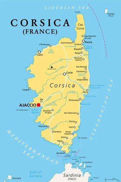 Corsica Political Map French Island Capital Ajaccio Island Mediterranean Sea — Stock Vector