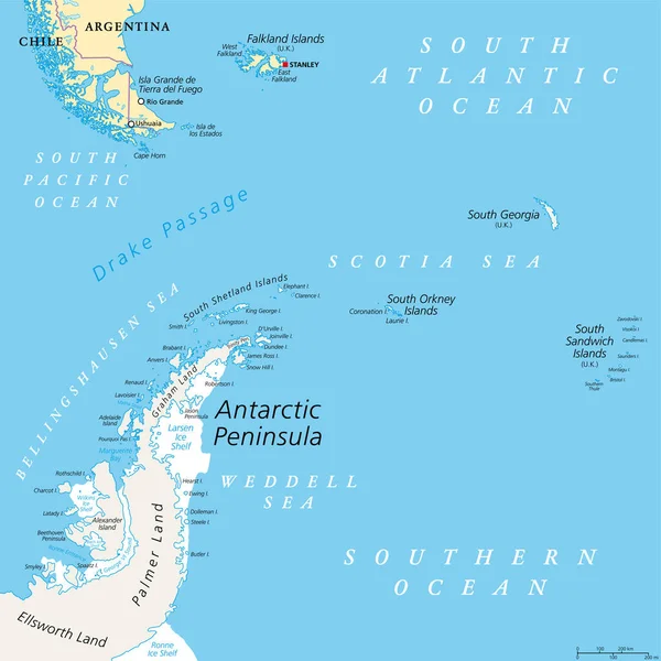 Oblast Antarktického Poloostrova Politická Mapa Jižních Patagonií Falklandských Ostrovů Jižní — Stockový vektor