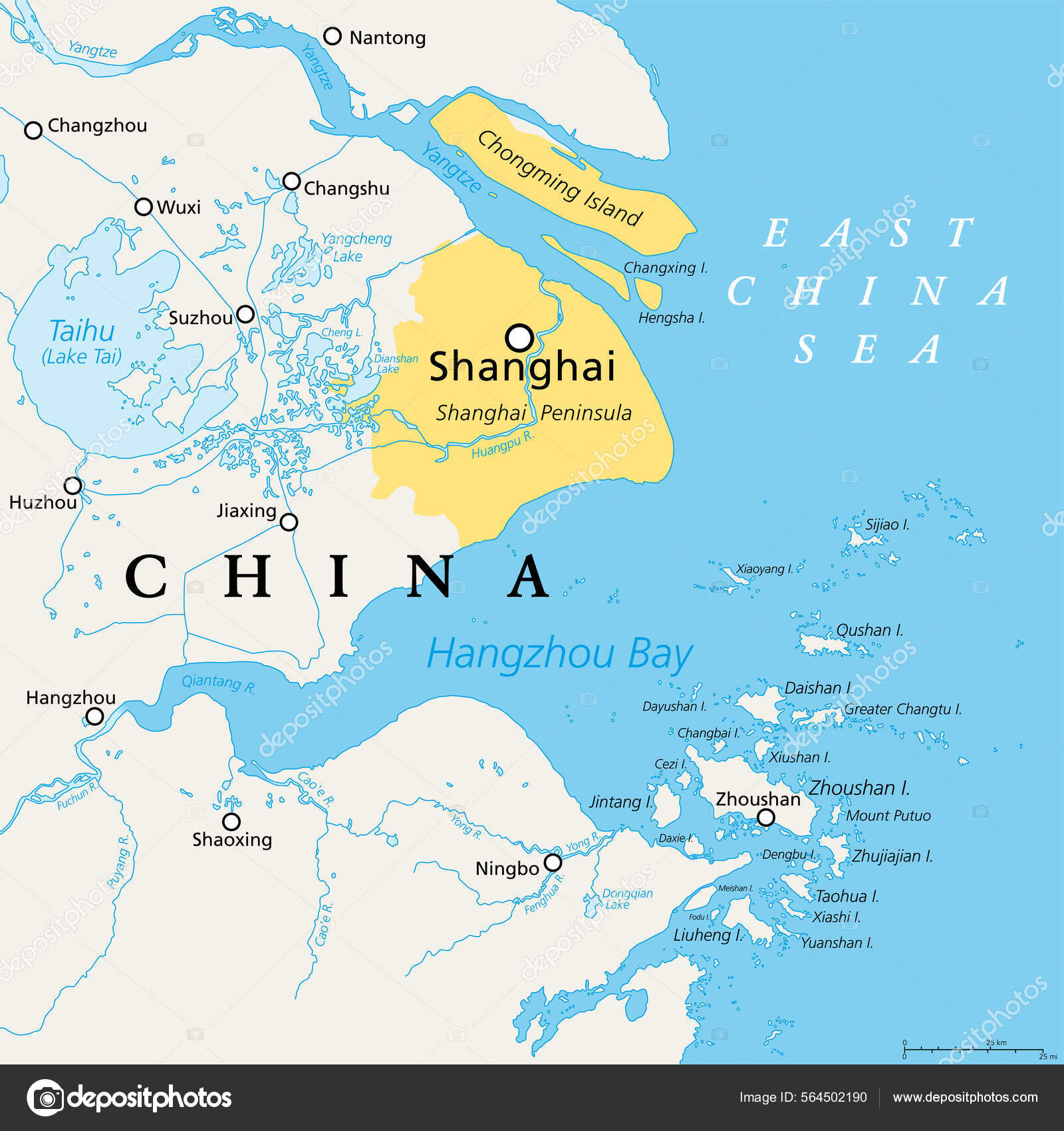 上海和长江三角洲政治地图与主要城市位于长江流域与杭州湾舟山